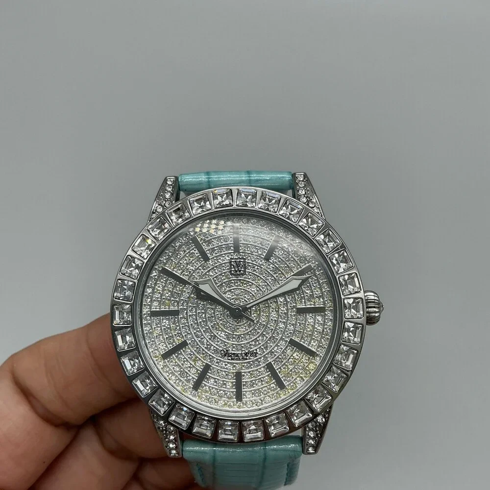 Victoria Wieck Womens Watch 42mm Silver Tone Aqua Leather Crystals New Battery
